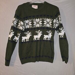 v28 Christmas Sweater Large Mens Olive Green Reindeer Snowflake Fair Isle Knit